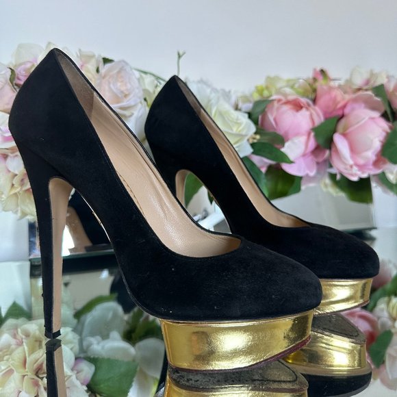 Charlotte Olympia Dolly Black Suede Heel With Gold Platform - Picture 3 of 8